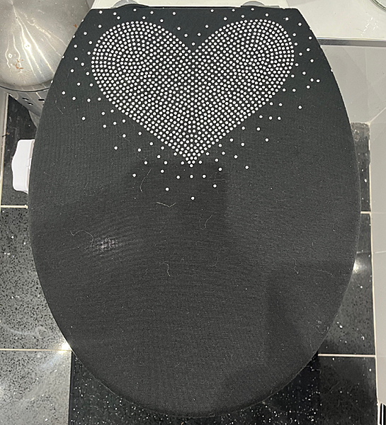 black toilet seat lid cover with silver glitter sequin like jewels in heart shape