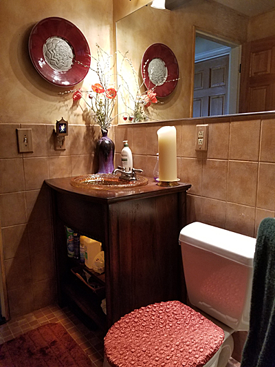 fancy designer bathroom ideas with burnt orange colored toilet cover